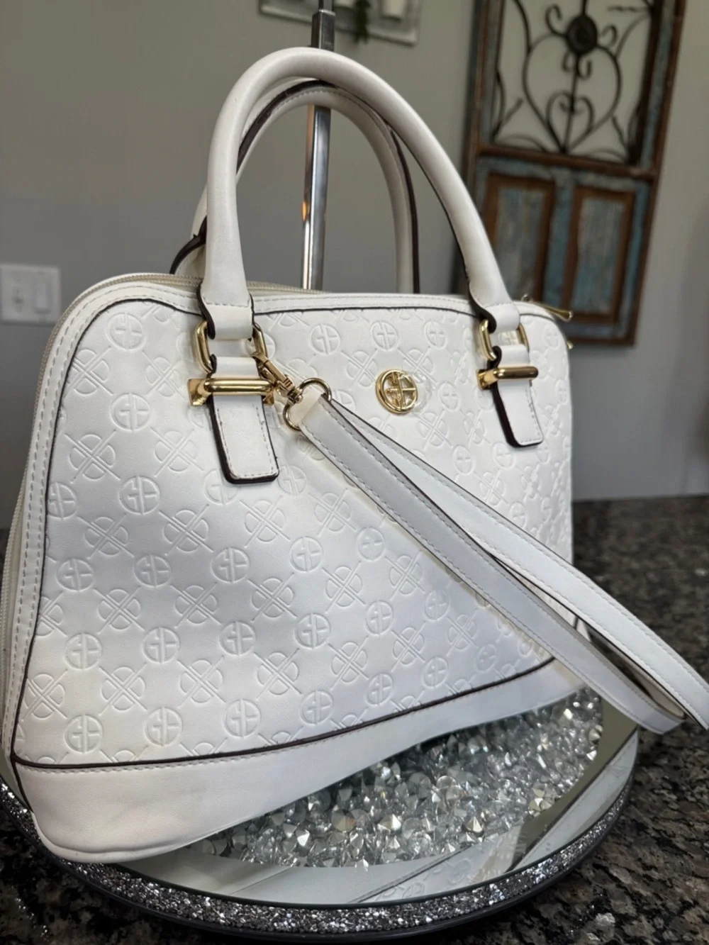 Giani Bernini White Embossed Dome Satchel with Gold Hardware